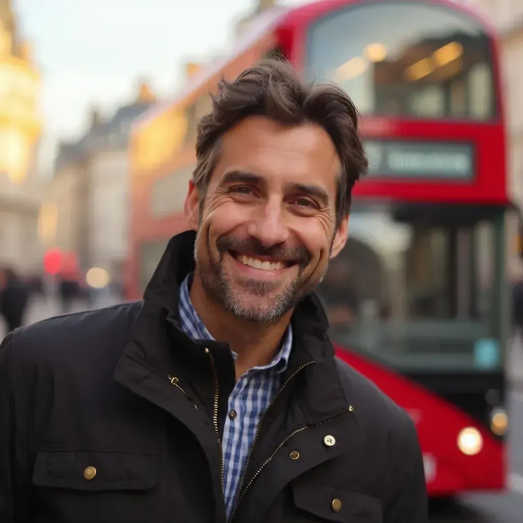 ️ hombre sonriente en Londres con un autobús de dos pisos de fondo