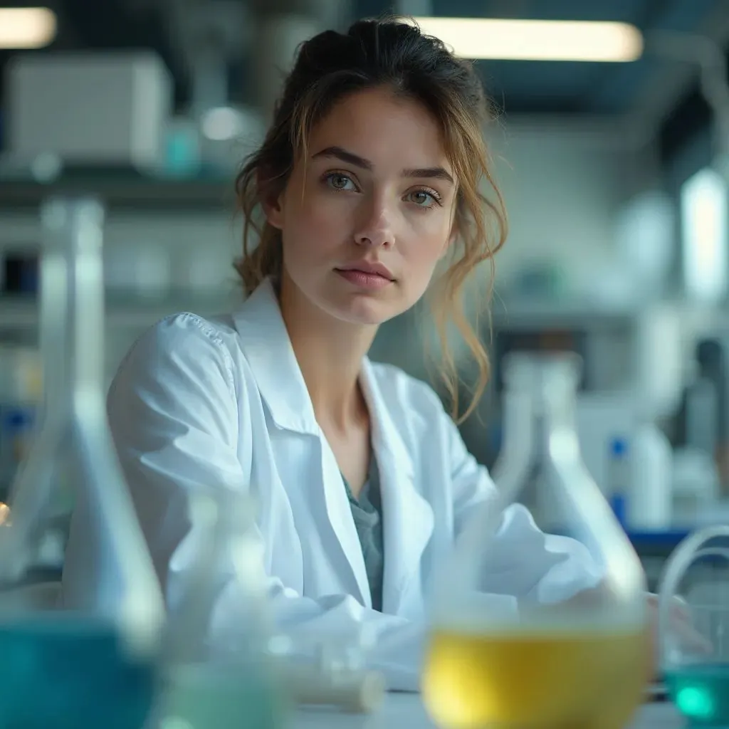  retrato de una joven científica hermosa y dedicada, en un entorno de laboratorio, profundidad de campo, lente zeiss, detallado, simétrico, por annie leibovitz y steve mccurry, david lazar, jimmy nelsson, resolución 8k, extremadamente detallado, mirada analítica, hiperrealista, renderizado en octano