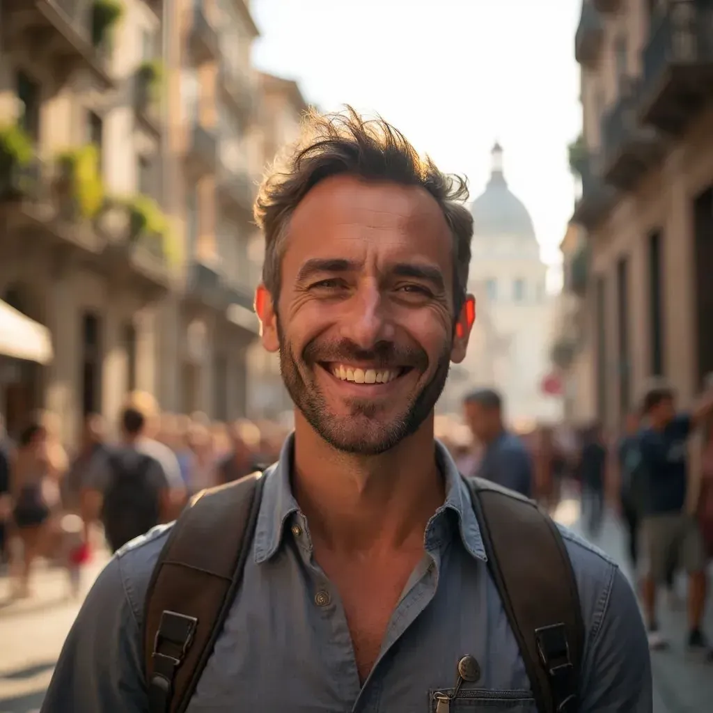 ️ hombre sonriente en el centro de Barcelona