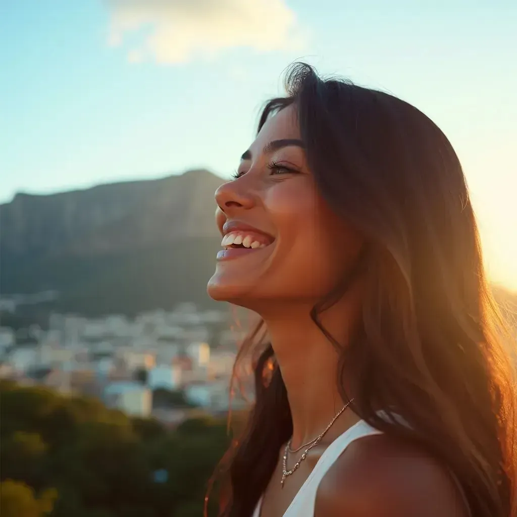 ️ mujer sonriente en Ciudad del Cabo con la Montaña de la Mesa de fondo