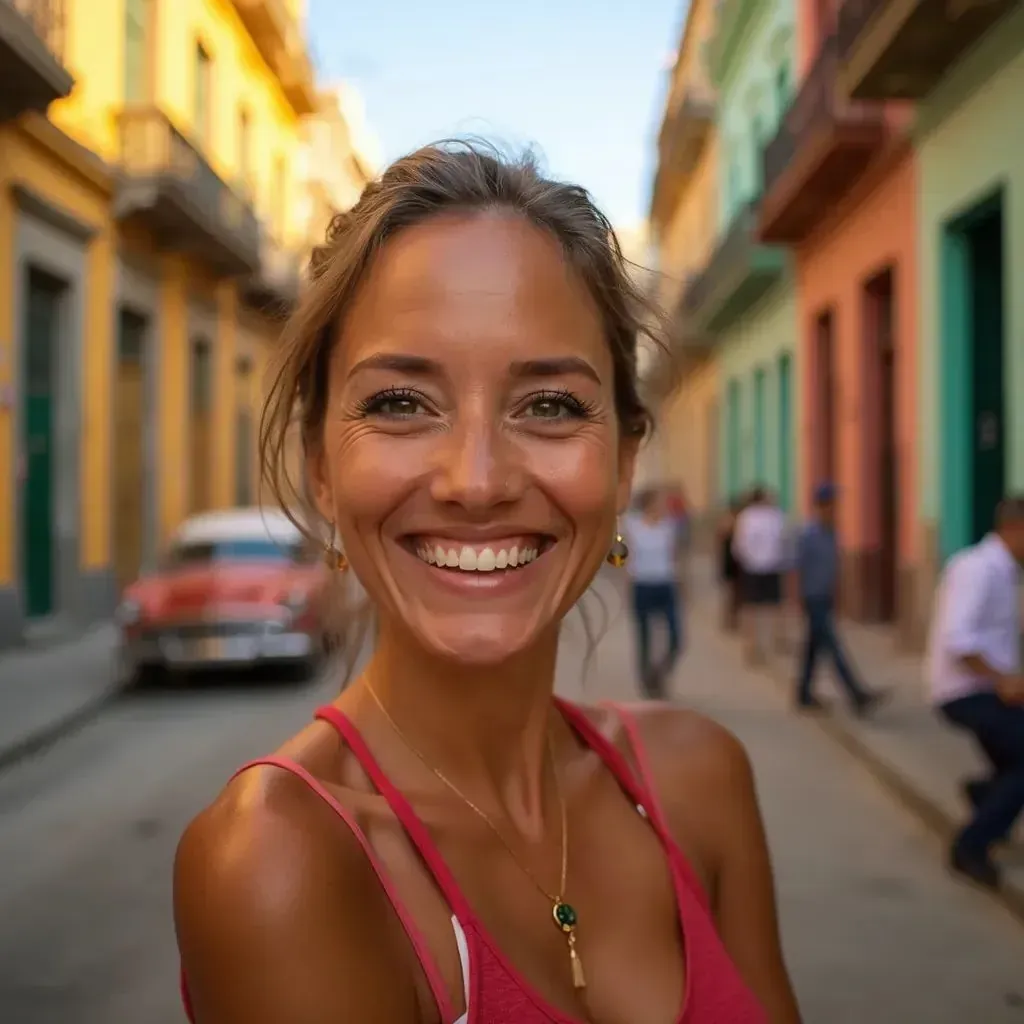 ️ mujer sonriente en La Habana con el colorido casco antiguo de fondo