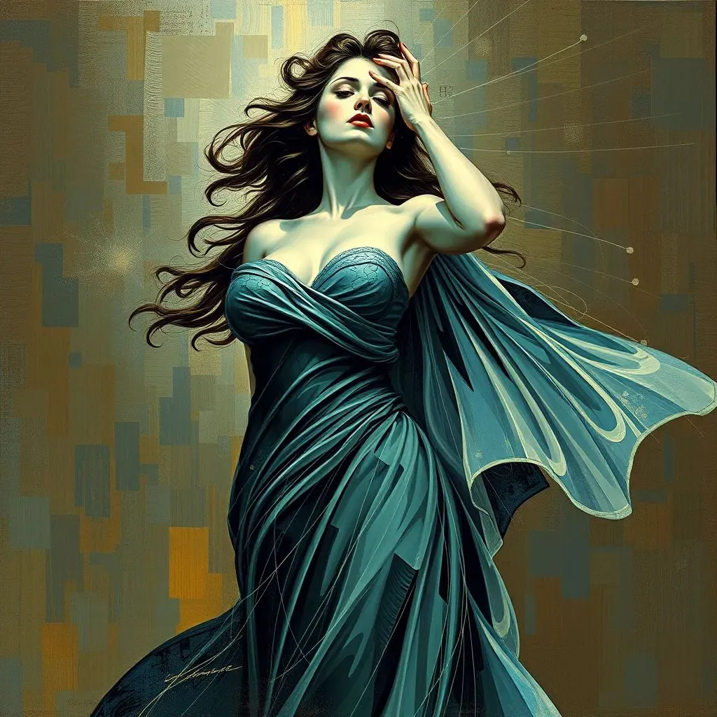  retrato de una mujer, inspirado en Boccioni, movimiento dinámico, tecnología moderna, artstation, arte conceptual, ilustración, Umberto Boccioni, Giacomo Balla