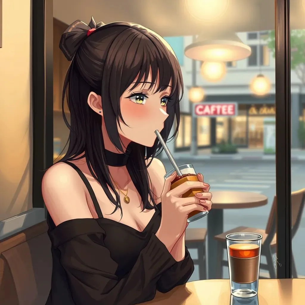  foto de retrato de una mujer, en un moderno café urbano, sorbiendo té, pintura digital, artstation, arte de concepto anime, suave, enfoque nítido, ilustración, natsuki takaya, aoi hiragi, kaoru mori