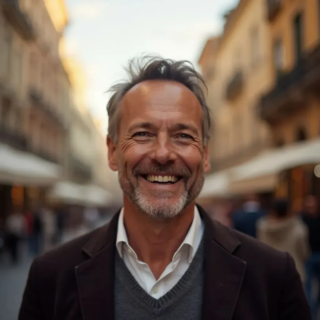 ️ hombre sonriente en el centro de Milán, Italia