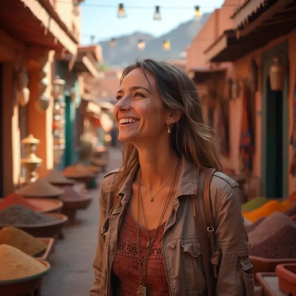 Mujer feliz explorando los vibrantes mercados de Marrakech, rodeada de coloridas especias y lámparas tradicionales, con las montañas del Atlas de fondo.