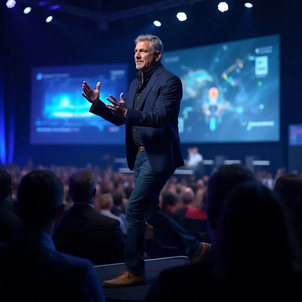 Hombre carismático como orador principal de una conferencia internacional, utilizando gestos apasionados mientras se mueve por el escenario, frente a una audiencia cautivada, con una gran pantalla detrás que muestra gráficos innovadores sobre la industria tecnológica. La iluminación resalta su figura mientras el ambiente está lleno de atención y expectación.