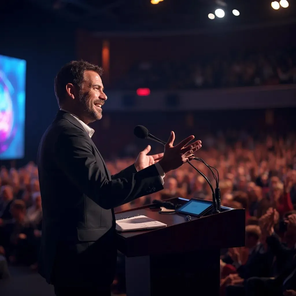 Hombre carismático como orador principal en un auditorio lleno de gente, de pie en un elegante podio, iluminado por focos, gesticulando con entusiasmo mientras comparte ideas inspiradoras sobre liderazgo y creatividad. El fondo incluye una gran pantalla con gráficos atractivos y el público aplaudiendo, capturando la energía del momento.