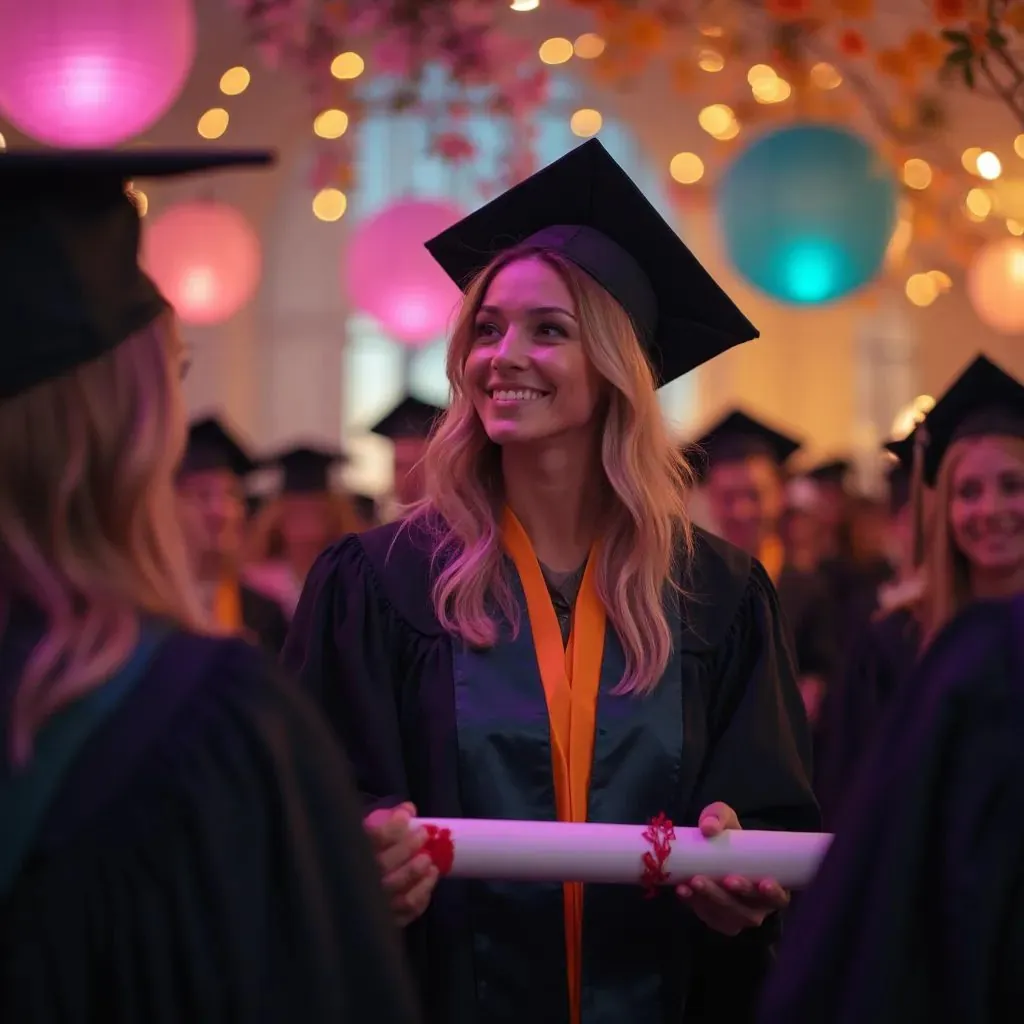 una mujer graduada con una toga y birrete, de pie en un escenario adornado con globos y flores, sosteniendo su diploma con orgullo mientras sonríe a sus compañeros de clase, simbolizando el esfuerzo, la amistad y el inicio de un nuevo capítulo en su vida académica