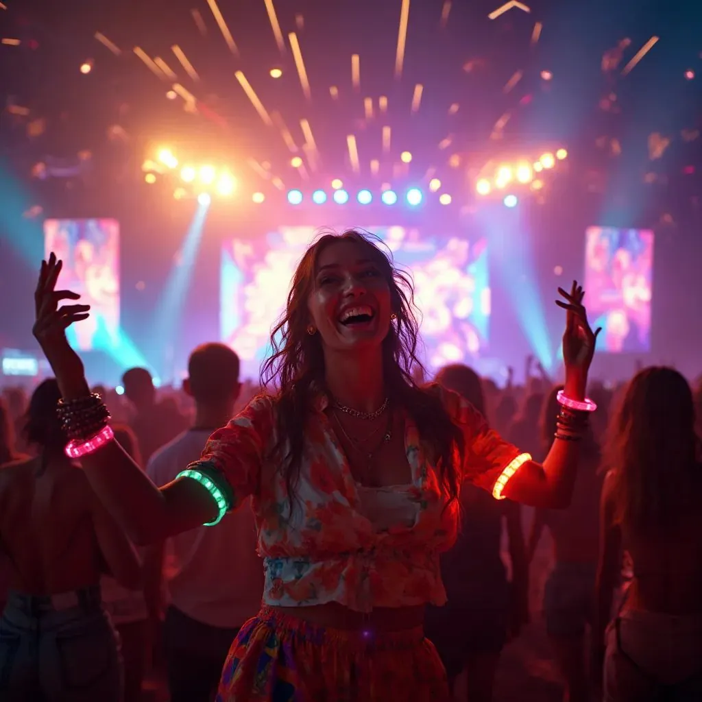 una mujer carismática con un atuendo brillante y colorido, bailando bajo las luces estroboscópicas de un escenario principal, con pulseras luminosas en las manos y una gran sonrisa, mientras el ambiente del festival rebosa de energía y felicidad a su alrededor.