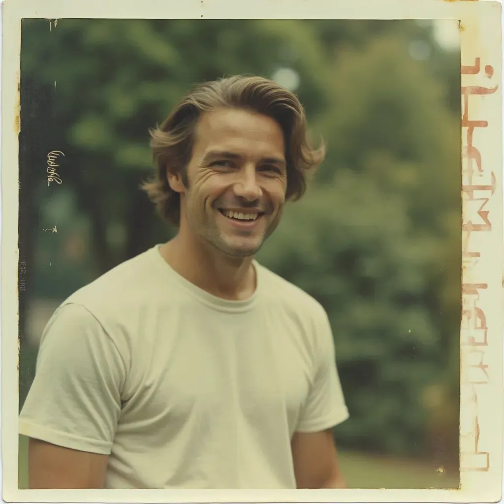 ️ hombre en una fotografía clásica de polaroid posando para una foto afuera