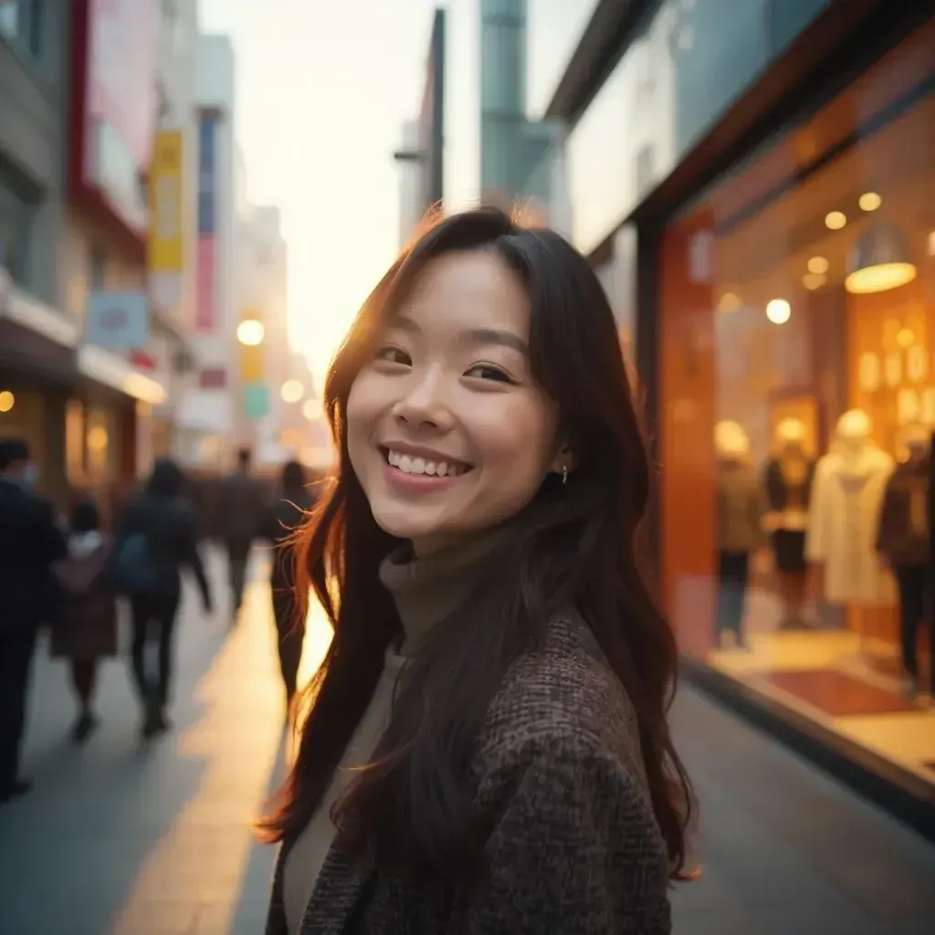 ️ mujer sonriendo en Seúl en Gangnam en la calle de compras de lujo Cheongdamdong. tiendas visibles en el fondo