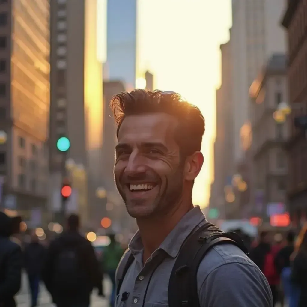 ️ hombre sonriendo en la ciudad de Nueva York con Manhattan de fondo