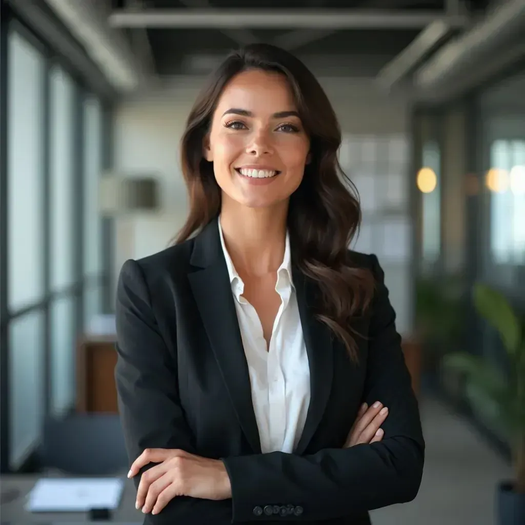 Retrato profesional de mujer en 8k, detalle vívido, fondo de oficina moderna, vestimenta de negocios con chaqueta atractiva, postura decidida, sonrisa cálida, alta definición, entorno dinámico, enfoque preciso, iluminación suave y natural, ejecutiva creativa, mesa de trabajo con laptop y documentos, estilo contemporáneo.