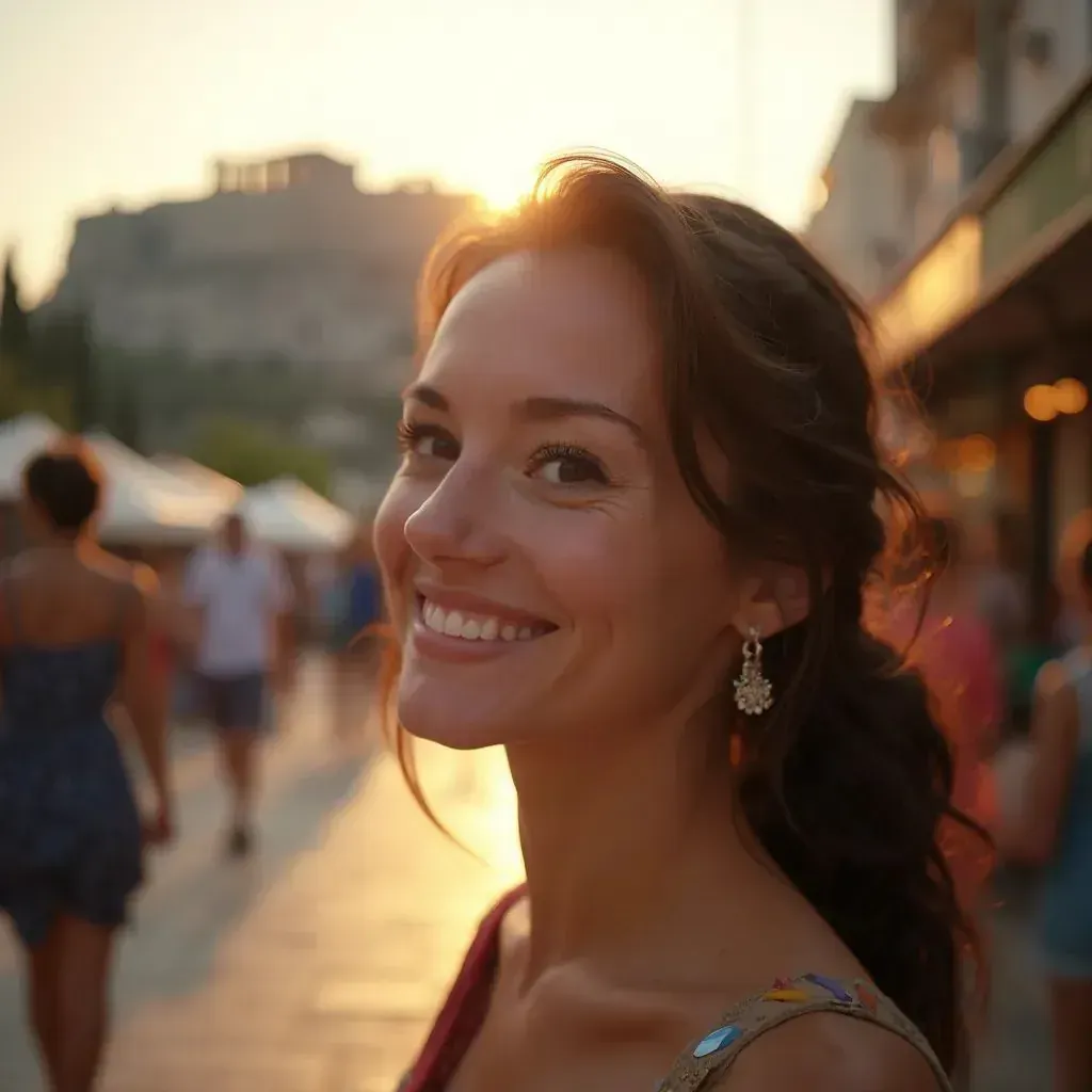 ️ mujer sonriente en Atenas con la Acrópolis al fondo