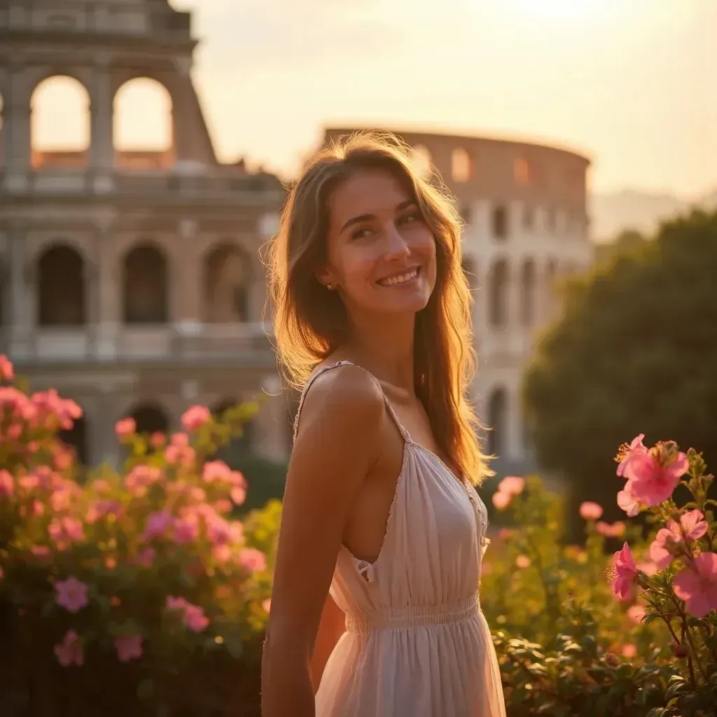 ️ mujer sonriendo en Roma con el Coliseo de fondo