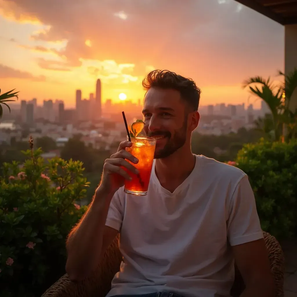 hombre con camiseta de verano, sentado en una terraza con vista a la ciudad, disfrutando de un cóctel colorido al atardecer, con plantas tropicales alrededor y luces suaves.