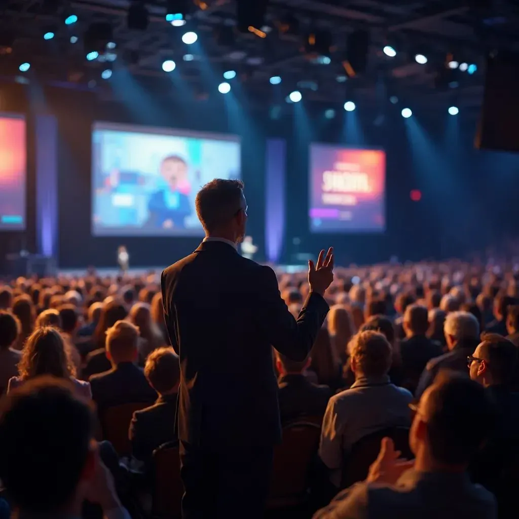 Hombre carismático como orador principal en un gran auditorio, capturando la atención del público con su discurso apasionante, luces brillantes iluminando el escenario y una pantalla gigante detrás proyectando imágenes inspiradoras, mientras la audiencia aplaude entusiasmada.