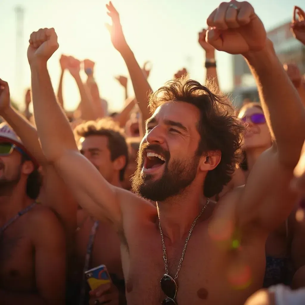  un hombre disfrutando de la música en vivo en un día soleado, rodeado de fanáticos enérgicos y levantando las manos con emoción