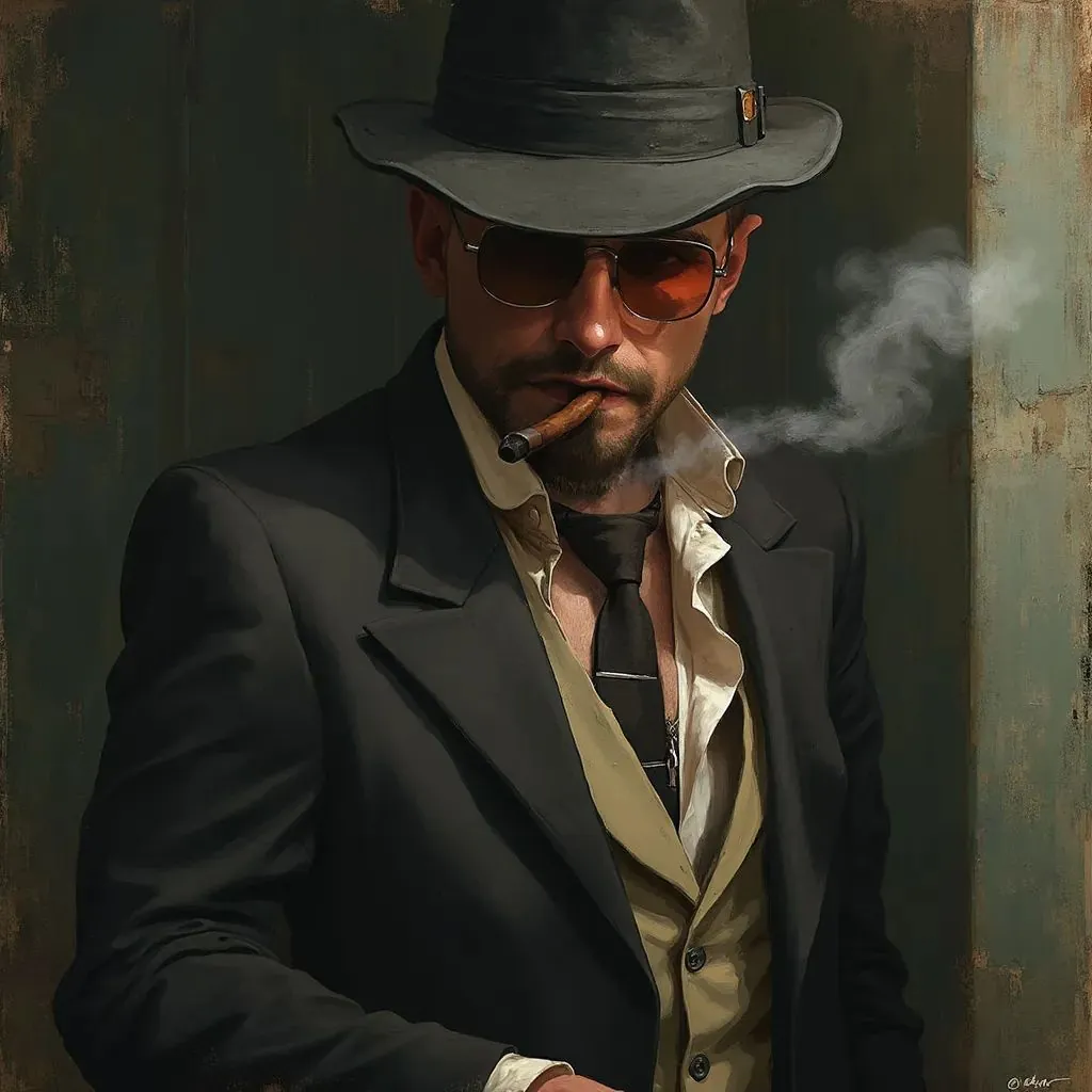  retrato de un hombre poderoso, jefe de la mafia, cigarro, callejones oscuros, atuendo elegante, pintura digital, artstation, suave, enfoque nítido, ilustración, artgerm, peter mohrbacher, donato giancola