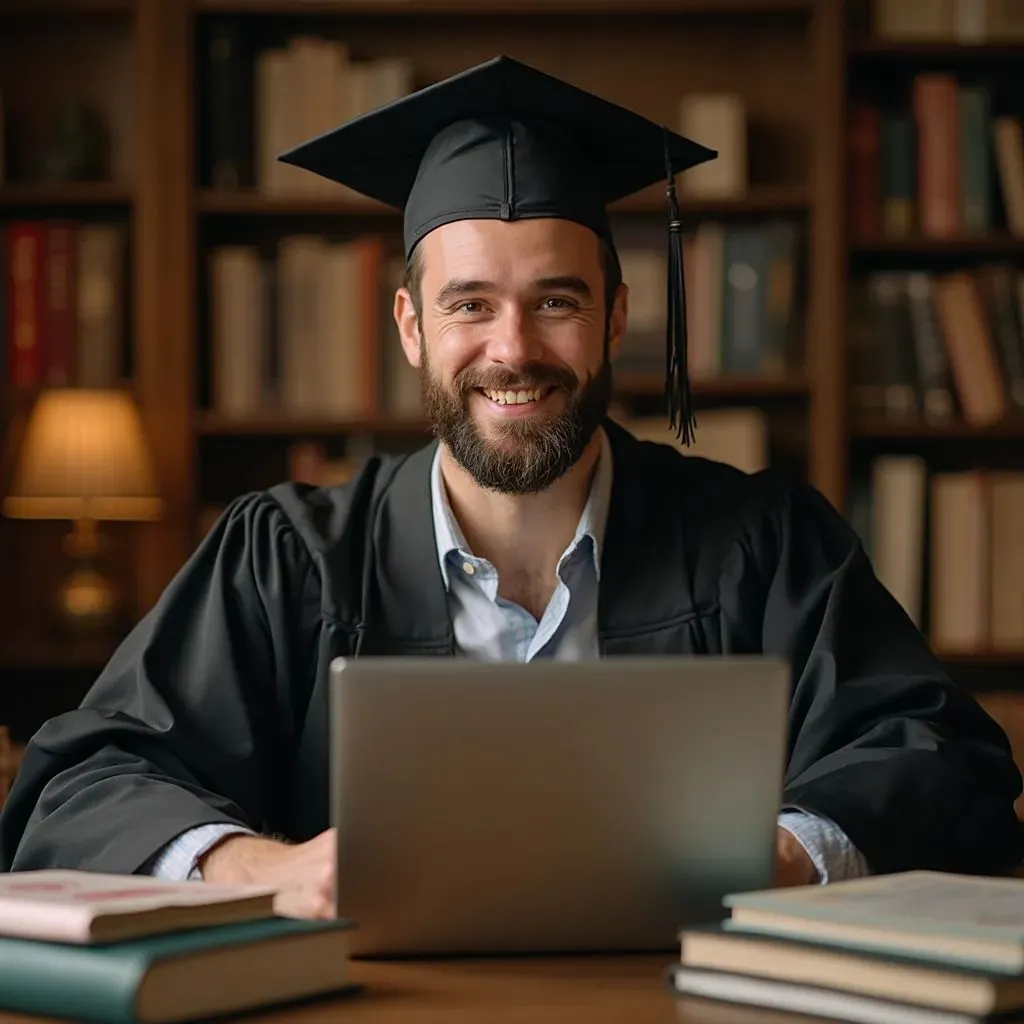  un hombre graduado rodeado de libros y una computadora portátil, simbolizando la dedicación académica y los logros durante sus estudios universitarios