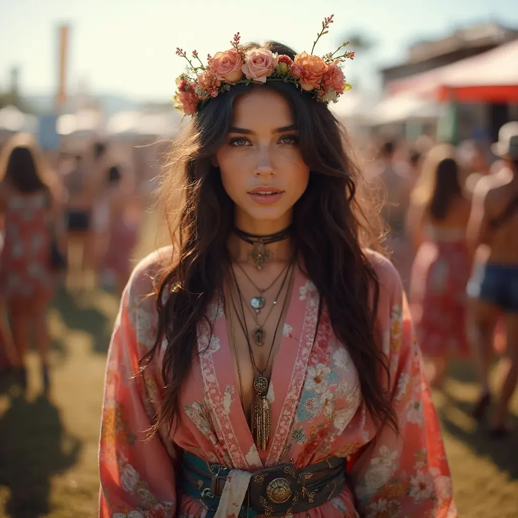  una mujer impresionante con un kimono fluido y una corona de flores, personificando la fusión de estilos bohemios y rock n roll en el festival