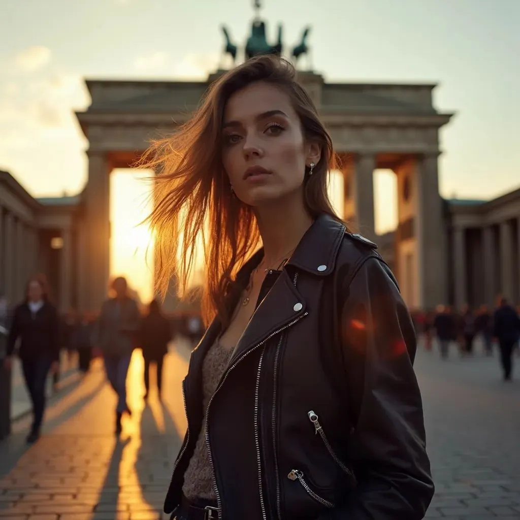  mujer elegante y chic en Berlín vestida con un atuendo inspirado en el punk, Puerta de Brandenburgo de fondo