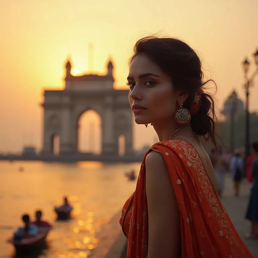  mujer elegante y chic en Mumbai vistiendo un saree/kurta vibrante, con la Puerta de la India de fondo