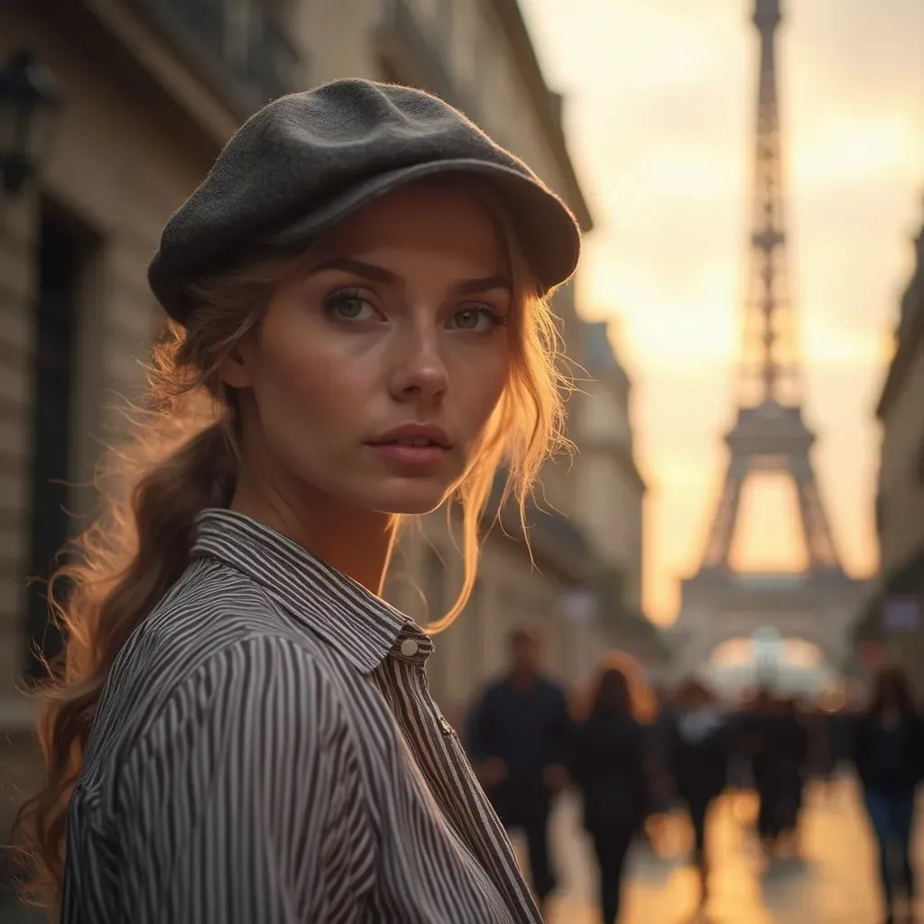  mujer elegante y chic en París, wearing un boina y una blusa a rayas, Torre Eiffel de fondo