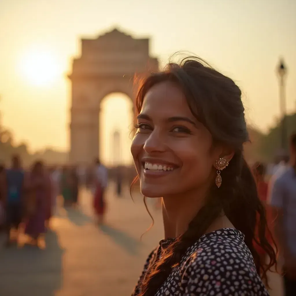 ️ mujer sonriendo en Delhi con la Puerta de India de fondo