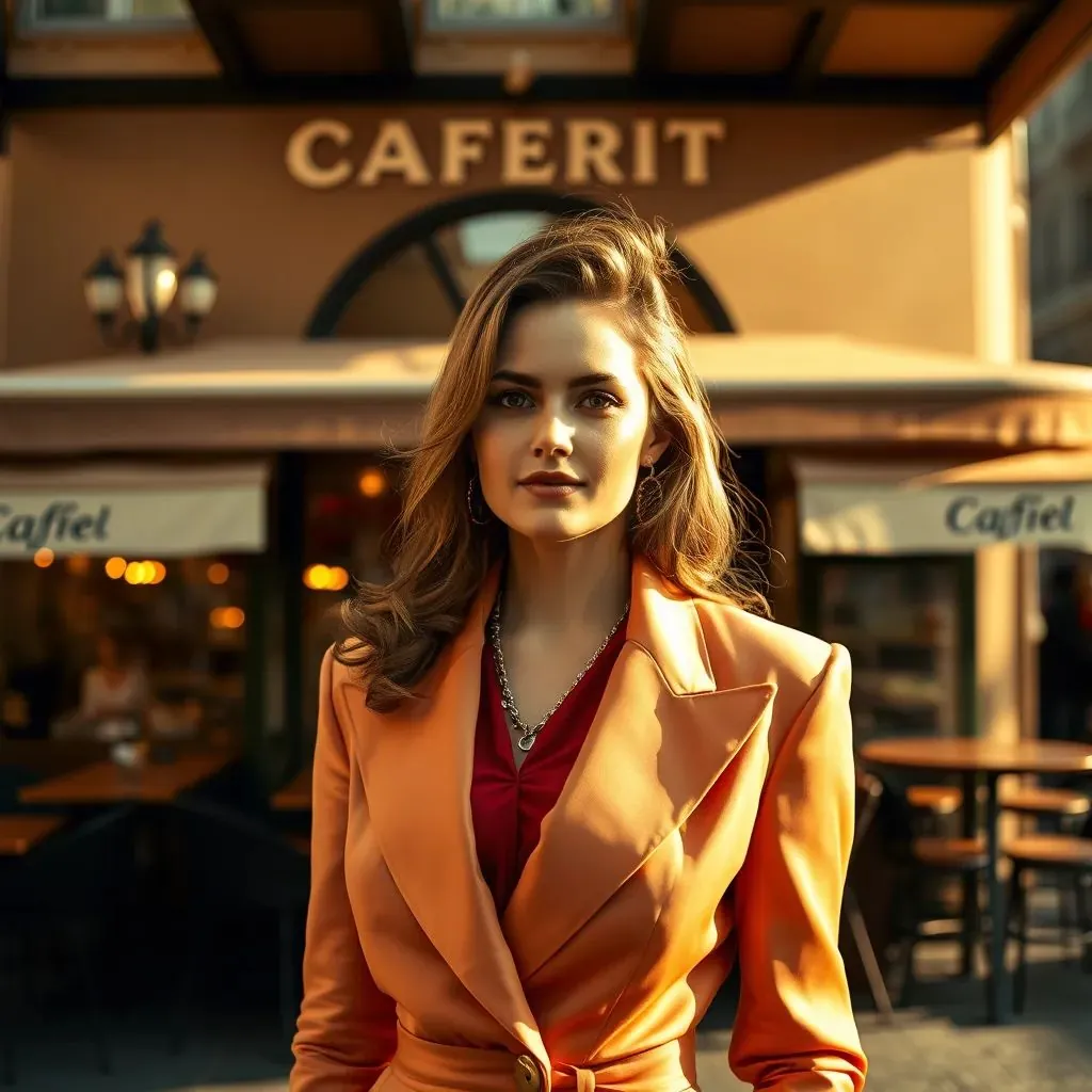 mujer elegante y chic en Milán vistiendo atuendo de alta moda frente a un clásico café italiano